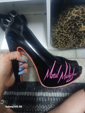 Metal Mulisha Black Patent Peep-Toe Pumps with Pink Logo and Trim